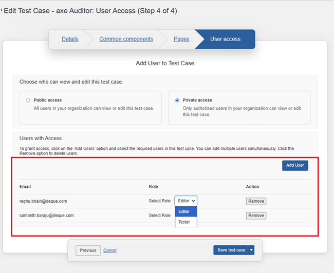 Save Test Case button on Pages panel