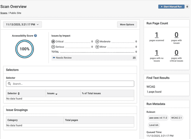 Scan Overview webpage with a date and time dropdown, more options button, accessibility score, and counts of critical, serious, moderate and minor issues. Total and Needs Review issues. Common Component Issues by Impact
Critical - 3, Serious - 1. View all 4 common component issues. Selectors table and search bar with Selector, Issues, % of Total Issues scan overview