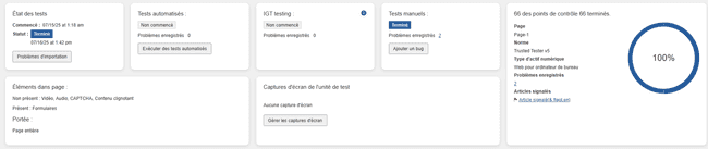 Message de réponse du système &apos;tous les points de contrôle de cette page sont terminés&apos; avec les liens Terminer le test automatique et Accéder à l'aperçu de l'exécution du test affichés, ainsi qu'un bouton Accéder à la page incomplète suivante
