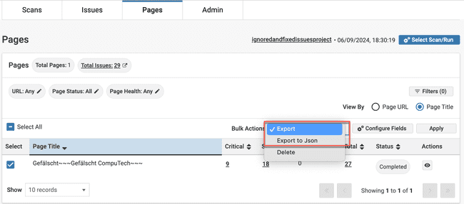 Bulk Exporting Options in Pages View