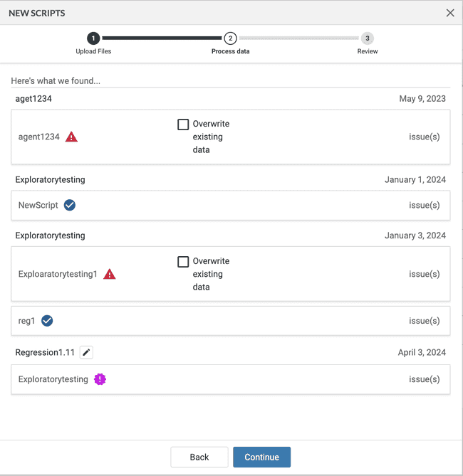 axe DevTools script configuration modal with script names and pages listed. Screen also points out if a page doesn't exist in axe Reports