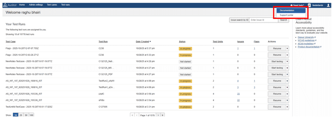 locatie van de knop Hulp nodig (?) op het dashboardscherm van de gebruiker van axe Auditor