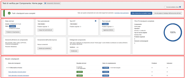 Tre sesioni distinte della schermata Test Checkpoint per pagina come appaiono dall'alto verso ilbasso