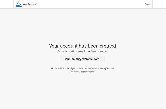 Shows the page that appears after you've created a new Deque account. The page asks you to check your email to verify your account.
