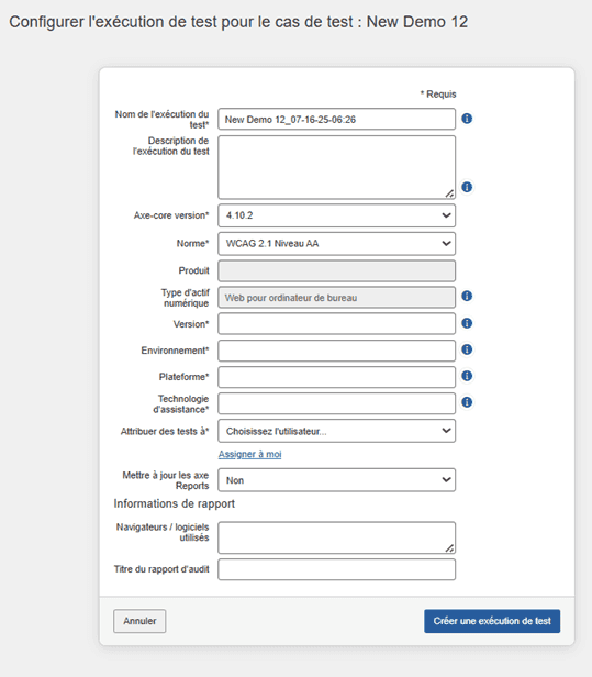 Configuration de l'exécution de test pour un cas de test