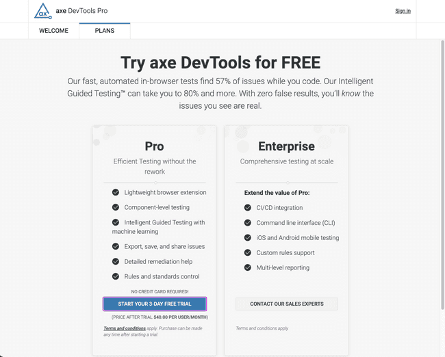 Webpage for setting up a axe DevTools trial subscription