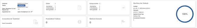 Systeemresponsbericht &apos;alle controlepunten voor deze pagina zijn voltooid&apos; met de links 'Volledige automatische test' en 'Ga naar het testrunoverzicht' weergegeven, samen met een knop 'Ga naar de volgende onvolledige pagina'