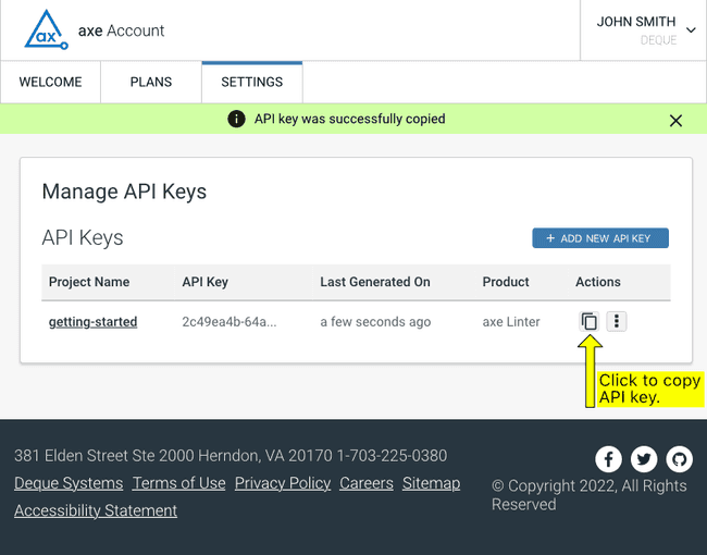 Screen shot of the Manage API Keys web page showing the newly created API key.