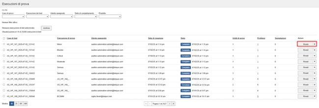 Pulsante Modifica esecuzione test