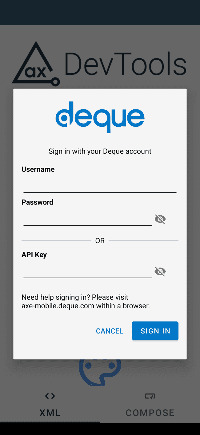 Screenshot of the Deque login screen, with username and password or API key fields and a sign in button below.