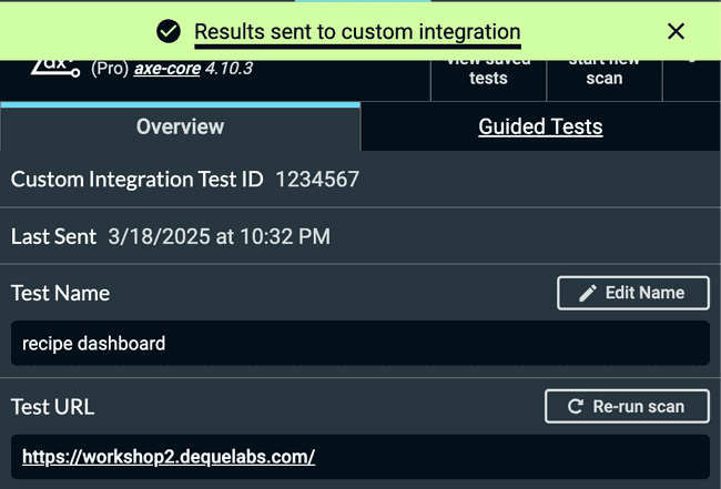 Screenshot of custom integration send success