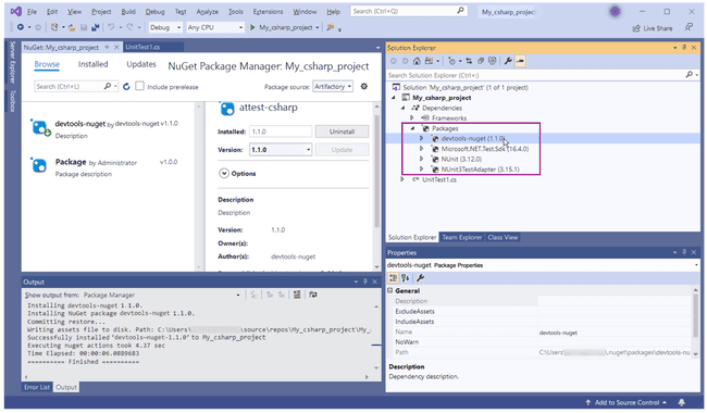 VS 2019 Solution Explorer with the Packages folder expanded to show the successful installation of the axe-devtools-selenium 1.0 package into project dependencies