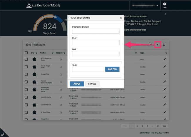 Screenshot of the Dashboard UI with the Filter window open, where you can specify the information to filter on and set up a new filter.