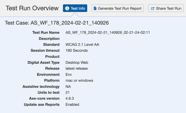 The summary section at the top of the Test Run Overview screen, with
each major feature
numbered