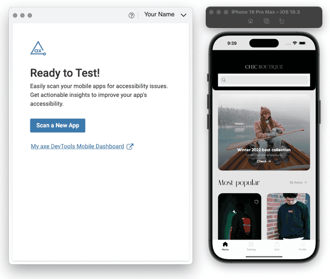 Screenshot of the Mobile Analyzer Desktop App, open to a page that says 'Ready to Test!', next to a simulator open to the iOS Sample App