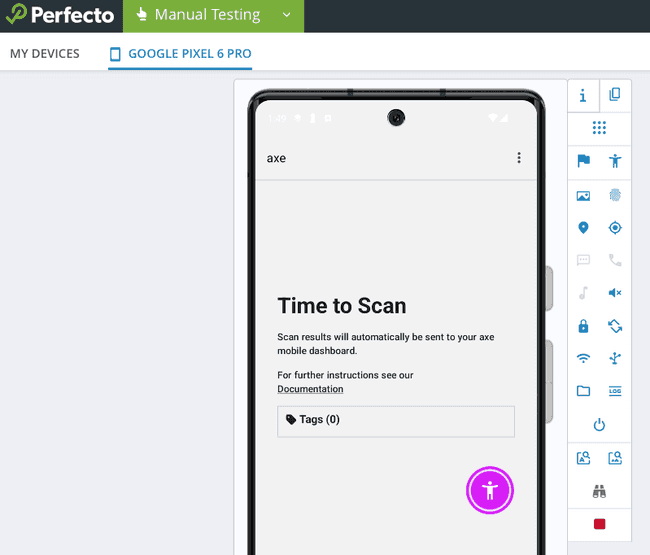 Screenshot of the Perfecto website with the axe Analyzer app open, and purple floating action button present.
