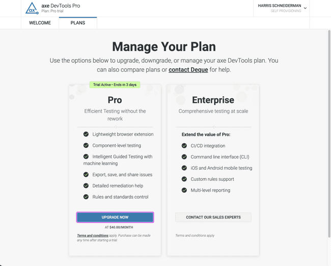 Webpage for managing your axe DevTools Pro or Enterprise plan.