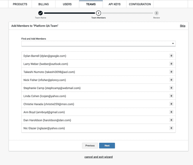 Screenshot of edit team step 2 add "Team Members"