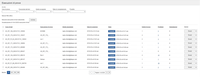 Schermata delle esecuzioni di test con elenco non ordinato con spiegaxioni di ciascuna sotta