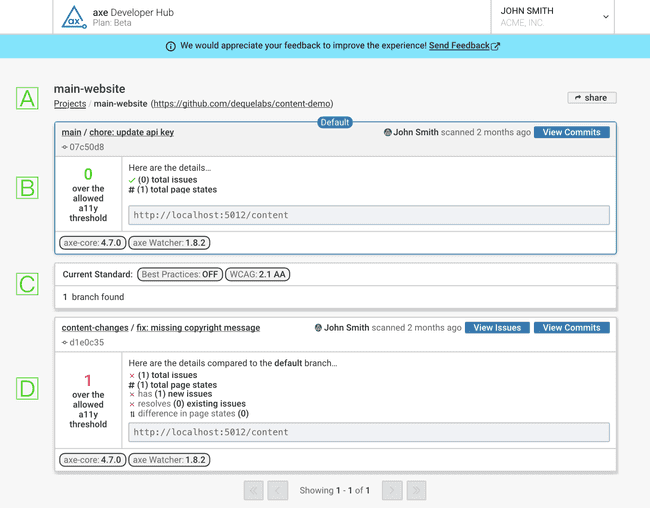 The branches page in axe Developer Studio shows the default main branch and a branch called main