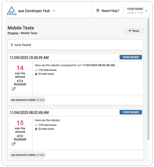 Screenshot of the test runs page in axe Developer Hub, with details for two runs displayed