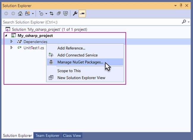 The VS 2019 Solution Explorer displaying the open project and the open context menu showing the Dependencies → Manage NuGet Packages... selection