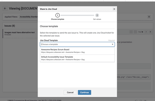 Screenshot of "Share to Jira" dialog