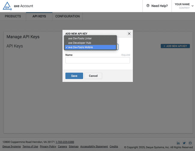 screenshot of ADD NEW API KEY modal, that shows the Product as “axe Mobile”