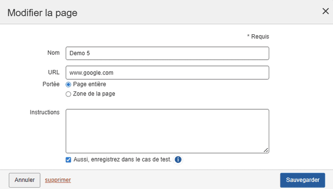 Onglet Pages à l'extrême droite sélectionné