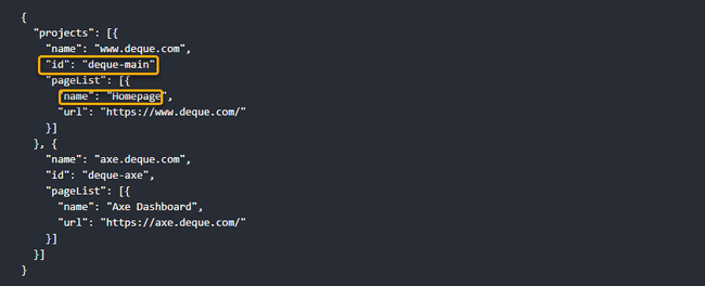 CLI spec file with the 'id' under 'projects' and 'name' under 'pageList' highlighted