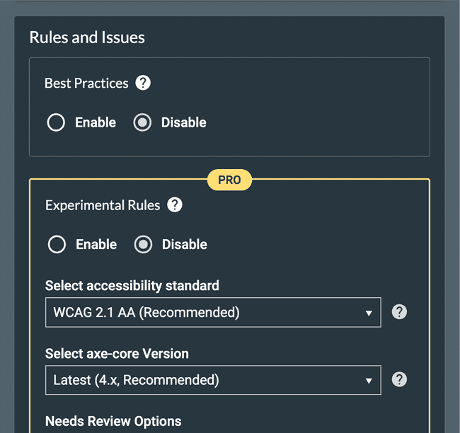 Screenshot of Rules and Issues settings in browser extension