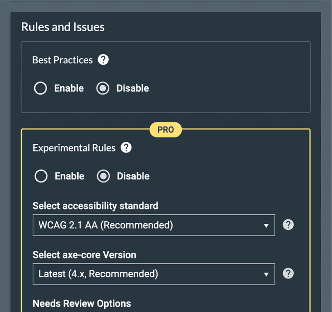 Screenshot of Rules and Issues settings in browser extension