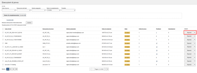 Pulsante Riprendi esecuzione test