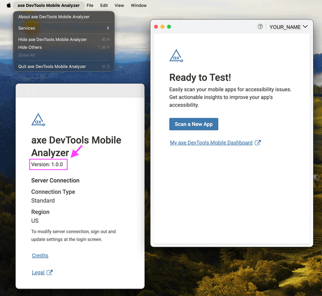 Screenshot of iOS Desktop with the axe DevTools Mobile Analyzer open. There are two windows open. One gives information about the app, including the version number - 1.0.0. The other window gives the user the option to scan a new app.