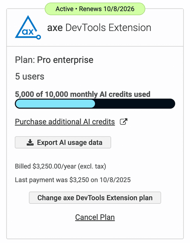 Screenshot of axe DevTools Extension AI credit usage on billing page of axe Account Portal