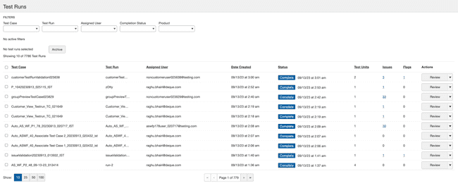 Test Runs screen with unordered list explanations of each
below