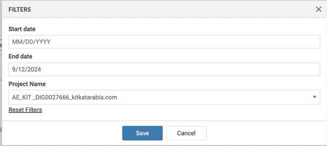 Filters on the Scan Data screen for Start Date, End Date, Project name