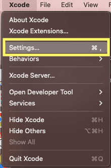 Screenshot of Xcode with the Settings option highlighted.
