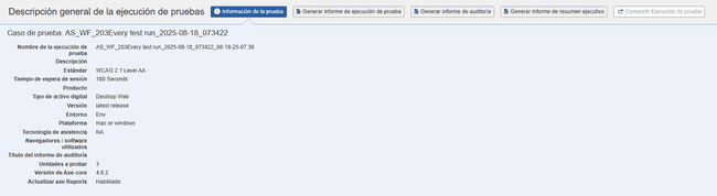 ejemplo de una pantalla de descripción general de ejecución de prueba con información sobre herramientas para gráficos mostrada