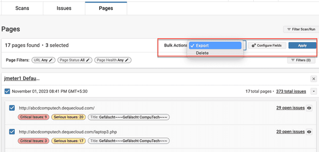 Bulk Actions on the Pages Page
