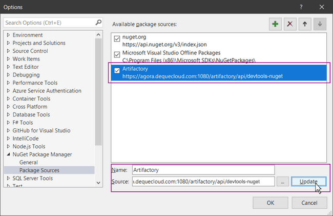 Visual Studio Options panel demonstrating addition of a new Package Source Name and Source URL