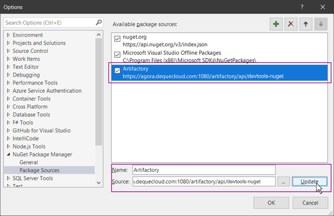 Visual Studio Options panel demonstrating addition of a new Package Source Name and Source URL