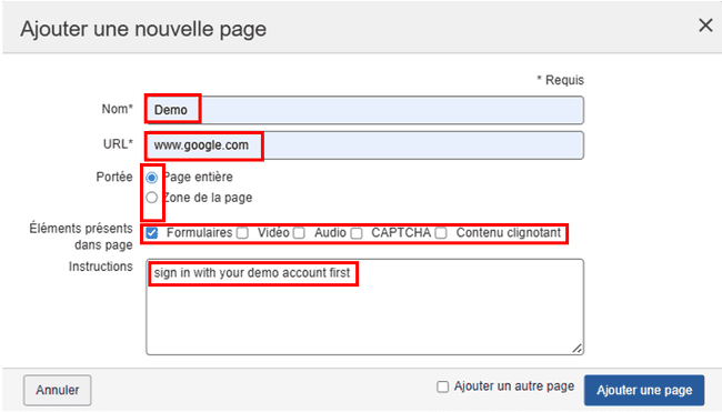 Remplissage des champs du formulaire de la boîte de dialogue Ajouter une page avec des entrées et des sélections, puis activation du bouton Ajouter une page