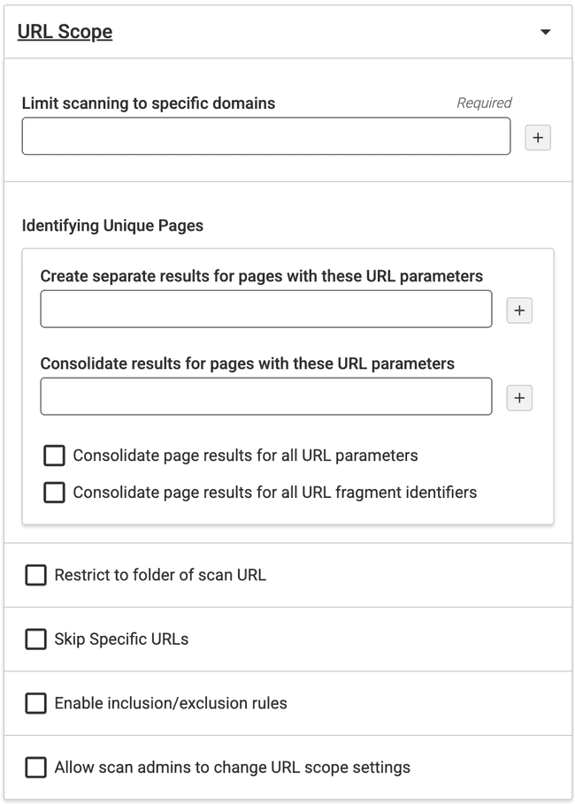 URL scope accordion. Input fields for scanning specific domains and specfying parameters, fragment identifiers. Skip specific URLs, enable rules checkboxes