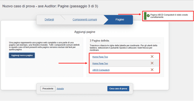 Pagina visualizzata nel campo Pagine dopo l'aggiunta, con i link Modifica ed Elimina