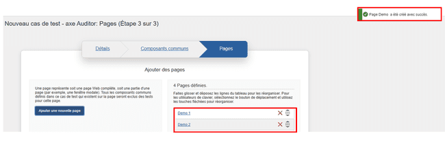 Page affichée dans le champ Pages après ajout, avec les liens Modifier et Supprimer
