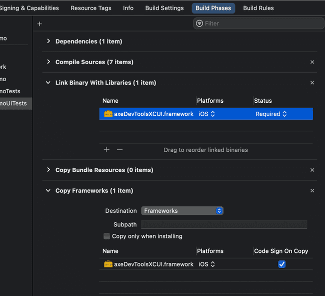 Screenshot of Xcode highlighting steps to embed the framework.