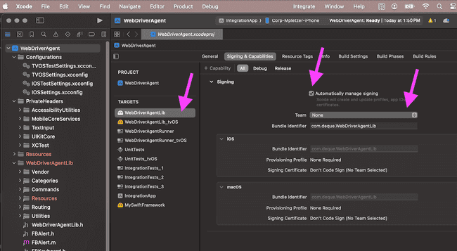 screenshot with three pink arrows pointing to the WebDriverAgentLib target, checkbox to automatically manage signing, and a Team dropdown menu