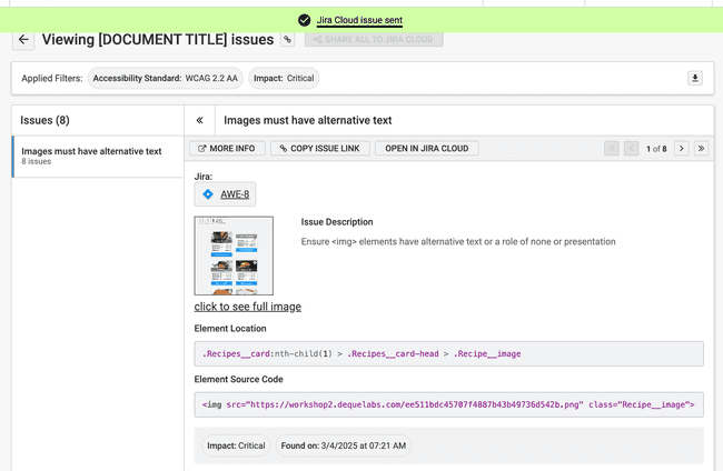Screenshot of issue report after issue successfully sent to Jira