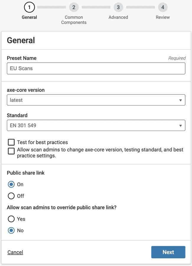 General panel with preset name, axe-core version: latest dropdown, testing standard dropdown, test for best practices checkbox, checkbox option to allow scan admins to change settings